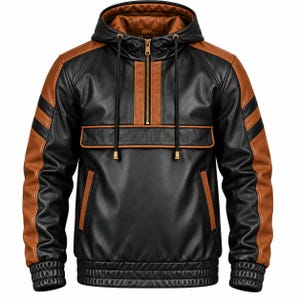 Chaqueta con capucha de cuero bicolor, estilo motero negro y marrón, con bolsillos utilitarios.