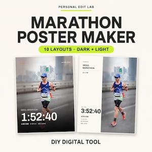 以下が含まれることがあります： ダークとライトのテーマで10種類のレイアウトを備えたデジタルマラソンポスター作成ツール。画像には、青いタンクトップと黒いショートパンツを着て道路を走るランナーの2つの例が表示されており、ソウルマラソン、1:52:40、3:52:40などのテキストが重ねられています。