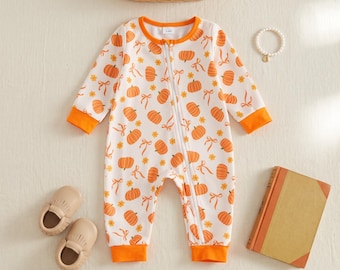 Baby Halloween Zipper Romper, Pumpkin Bow Print Waffle Jumpsuit, Long Sleeve Newborn Outfit 0–12M