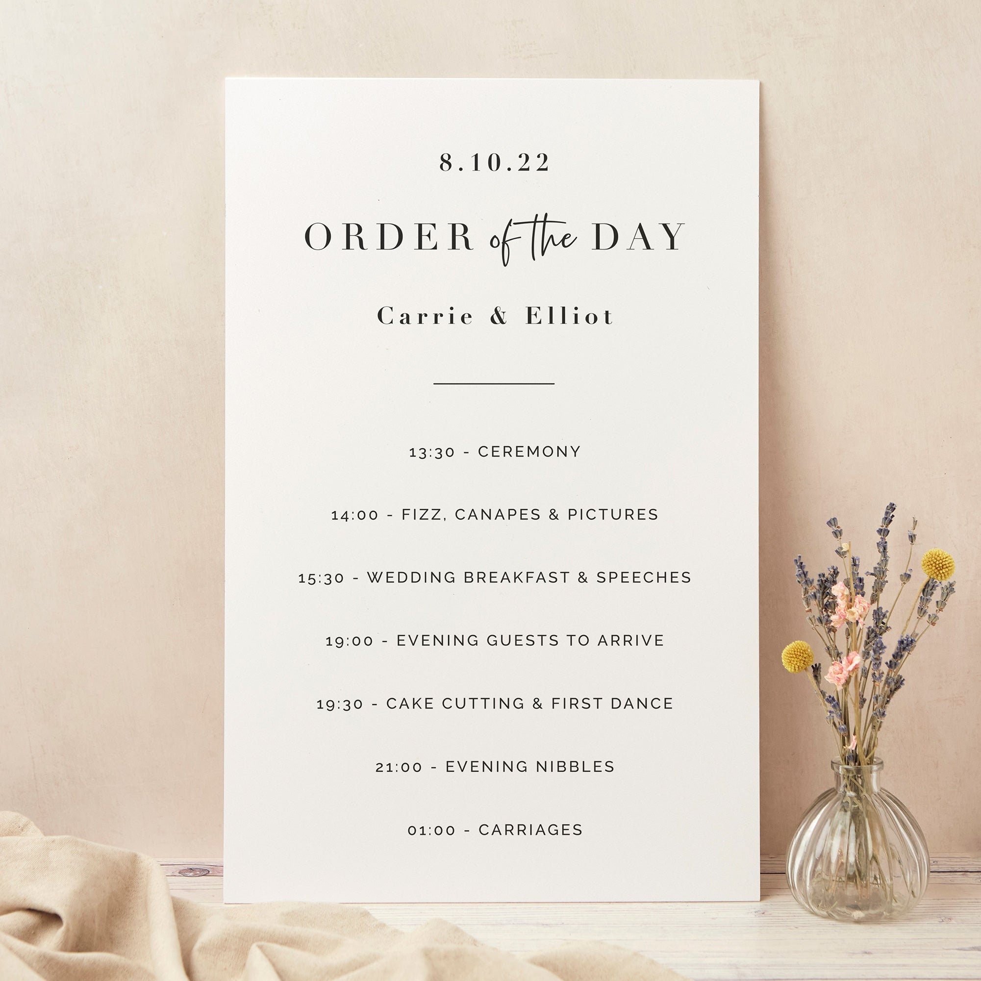 White Modern Script Wedding Order Of The Day Sign