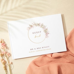 Dried Flower Hoop Linen Guest Book - Personalised Guest Book - Custom Wedding Guestbook - Linen Landscape Wedding Book