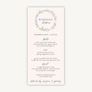 Wedding Menu Cards - Printed Wedding Menus - Wedding Breakfast Dinner Cards - Wedding Reception Menu - Wedding Table - Wildflower Wreath