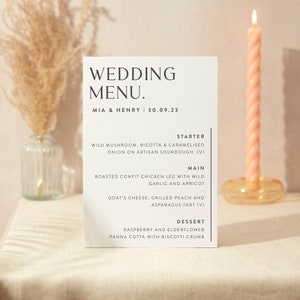 Letrero de menú de boda / Letrero de boda / Letrero de espuma resistente tamaño A5 / Diseño minimalista