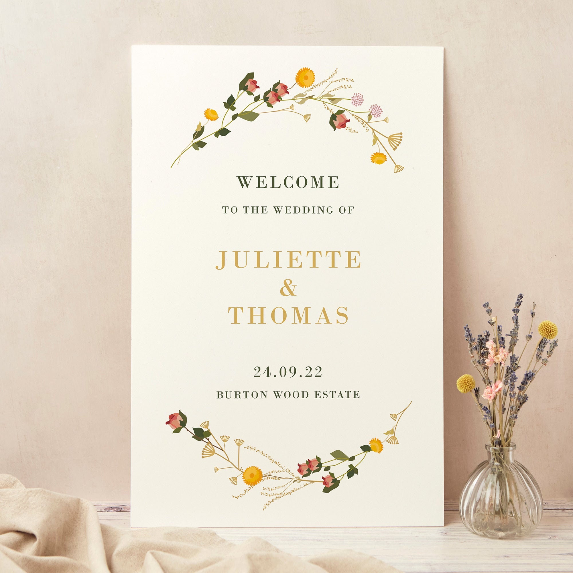 Wedding Welcome Sign, Custom Large Board, Printed, Rustic Wildflowers