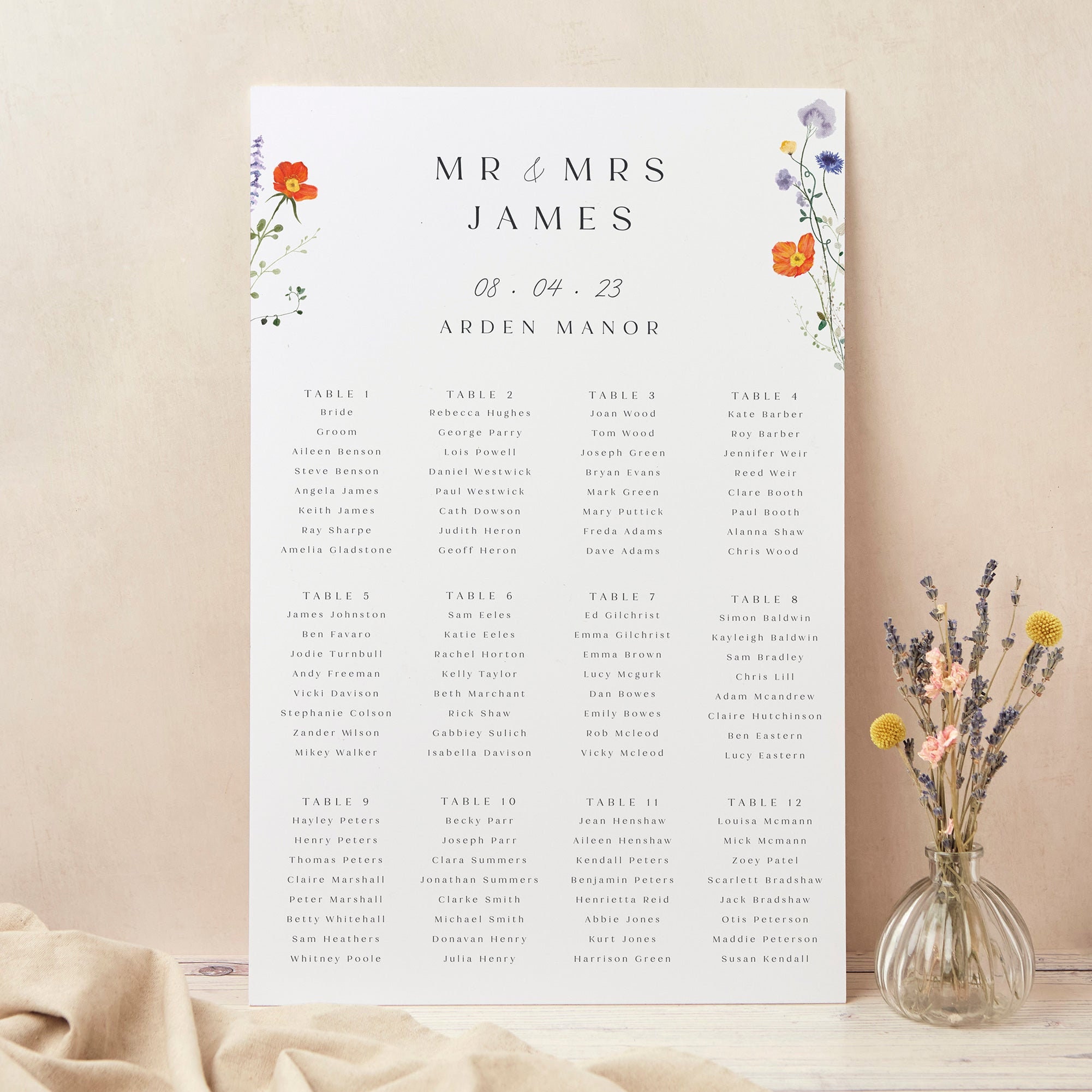 Wedding Table Plan, Seating Chart, Pressed Wildflowers