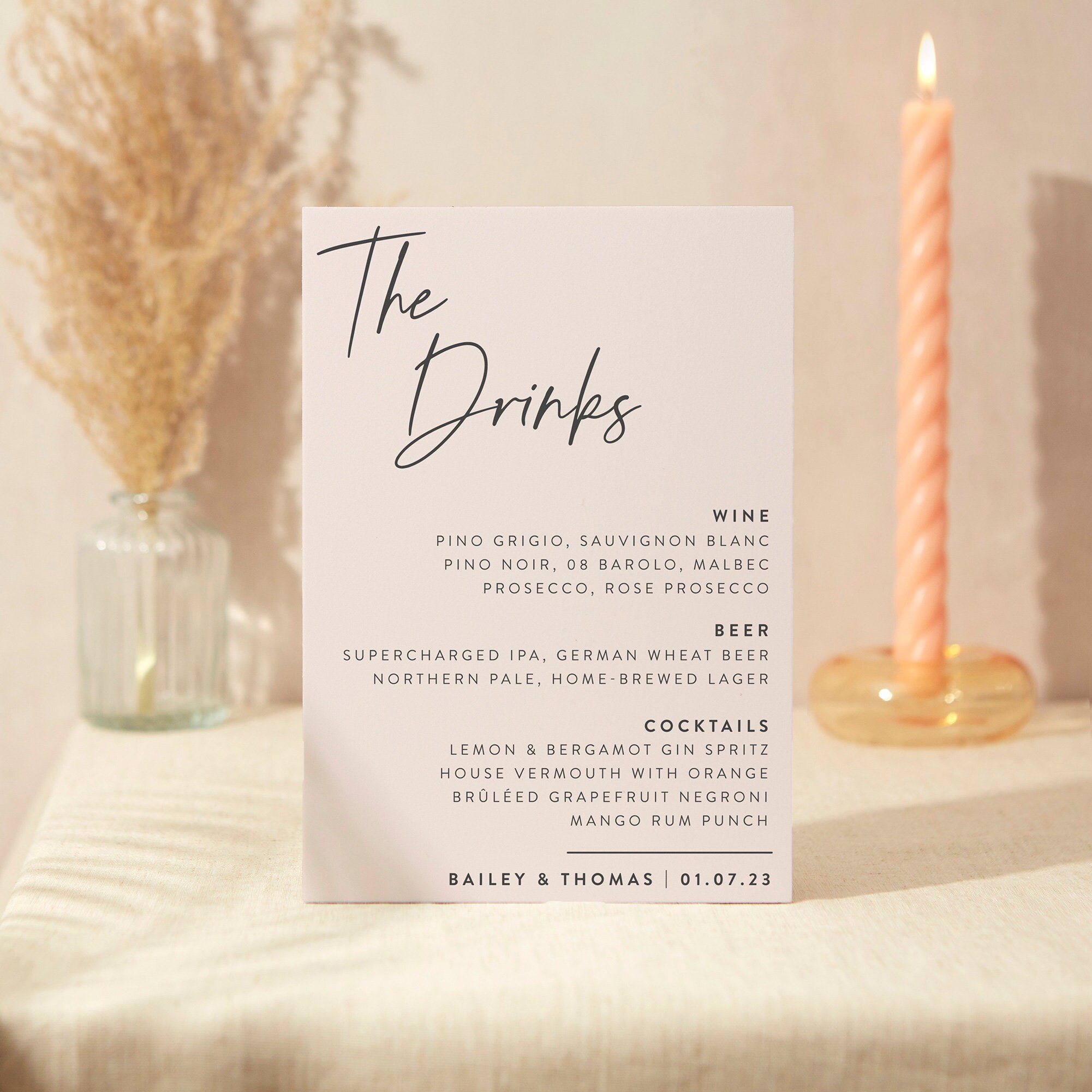 Drinks Menu Sign | Wedding A5 Sturdy Foamex Modern Minimal Script