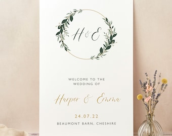 Hochzeit Willkommensschild, Hochzeit Willkommensschild, Skript Hochzeit Willkommensschild, moderne Hochzeitsschilder, großes Hochzeitsschild gedruckt, Laub Hoop