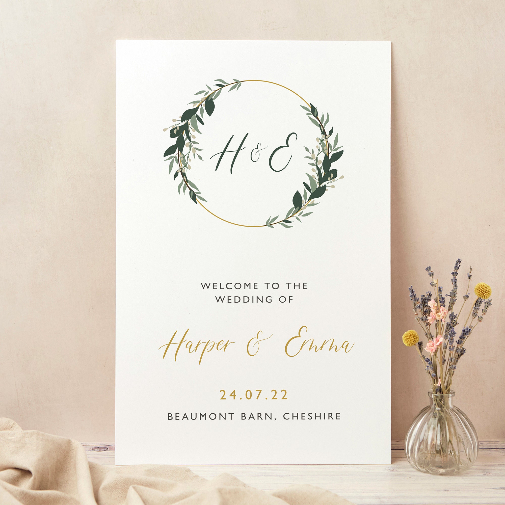 Wedding Welcome Sign, Script Modern Signs, Large Sign Printed, Foliage Hoop