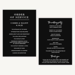 Black Modern Script Wedding Order of Service Sheet