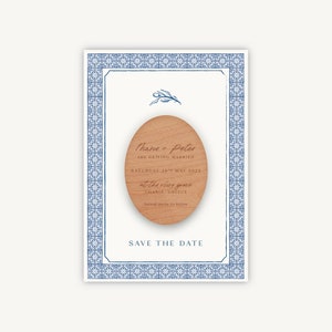 Blue Tile Mediterranean Wooden Magnet Wedding Save the Date