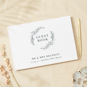 Foliage Monogram Linen Guest Book - Personalised Guest Book - Custom Wedding Guestbook - Linen Landscape Wedding Book