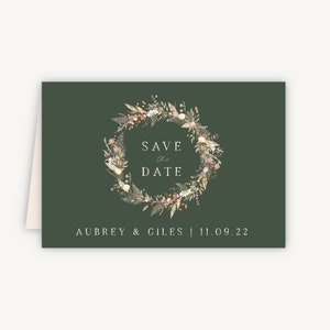 Biglietto Save The Date per matrimonio - Save the Date piegato - Save the Date rustico per matrimonio - Ghirlanda di fiori secchi
