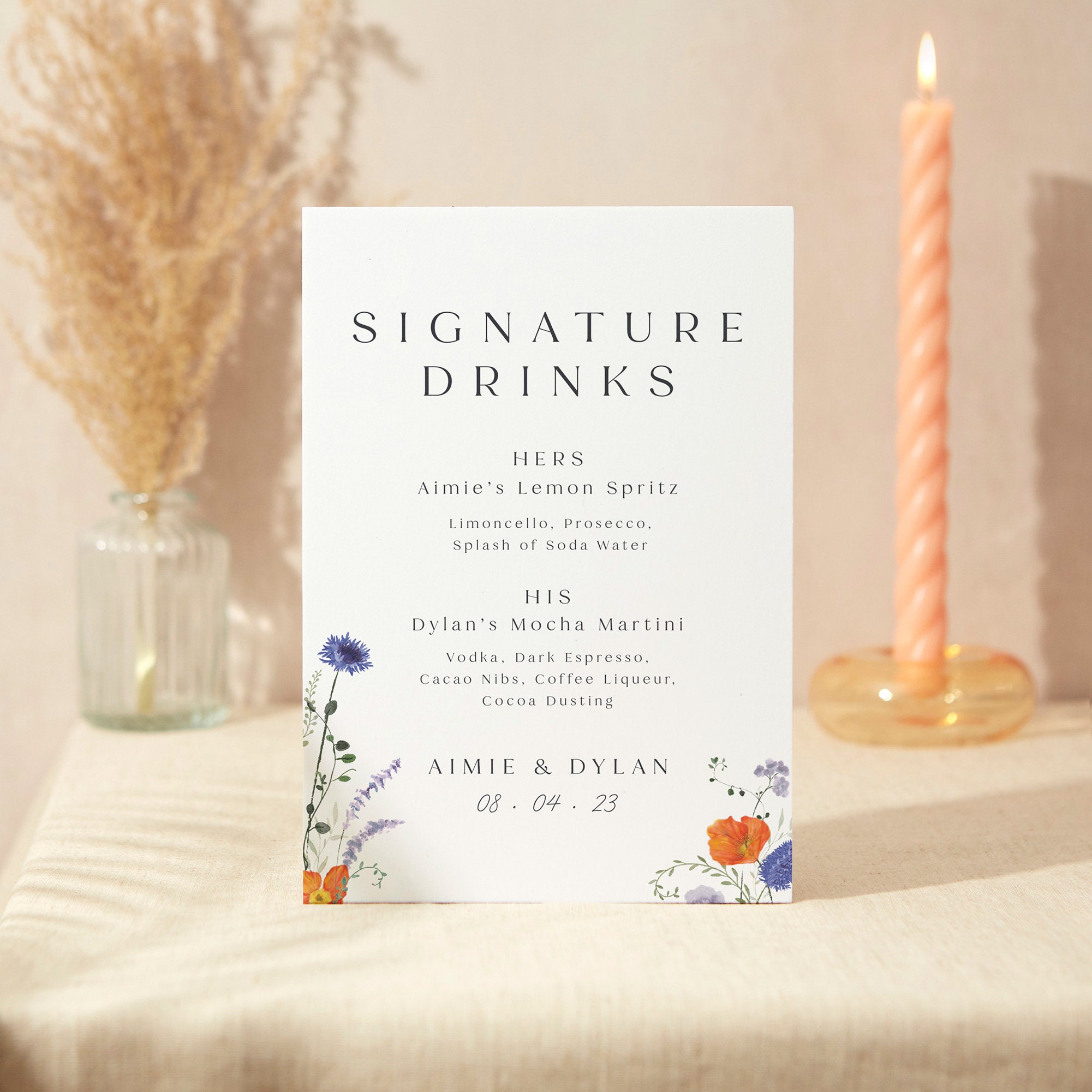 Signature Drinks Sign | Wedding A5 Sturdy Foamex Pressed Wildflowers