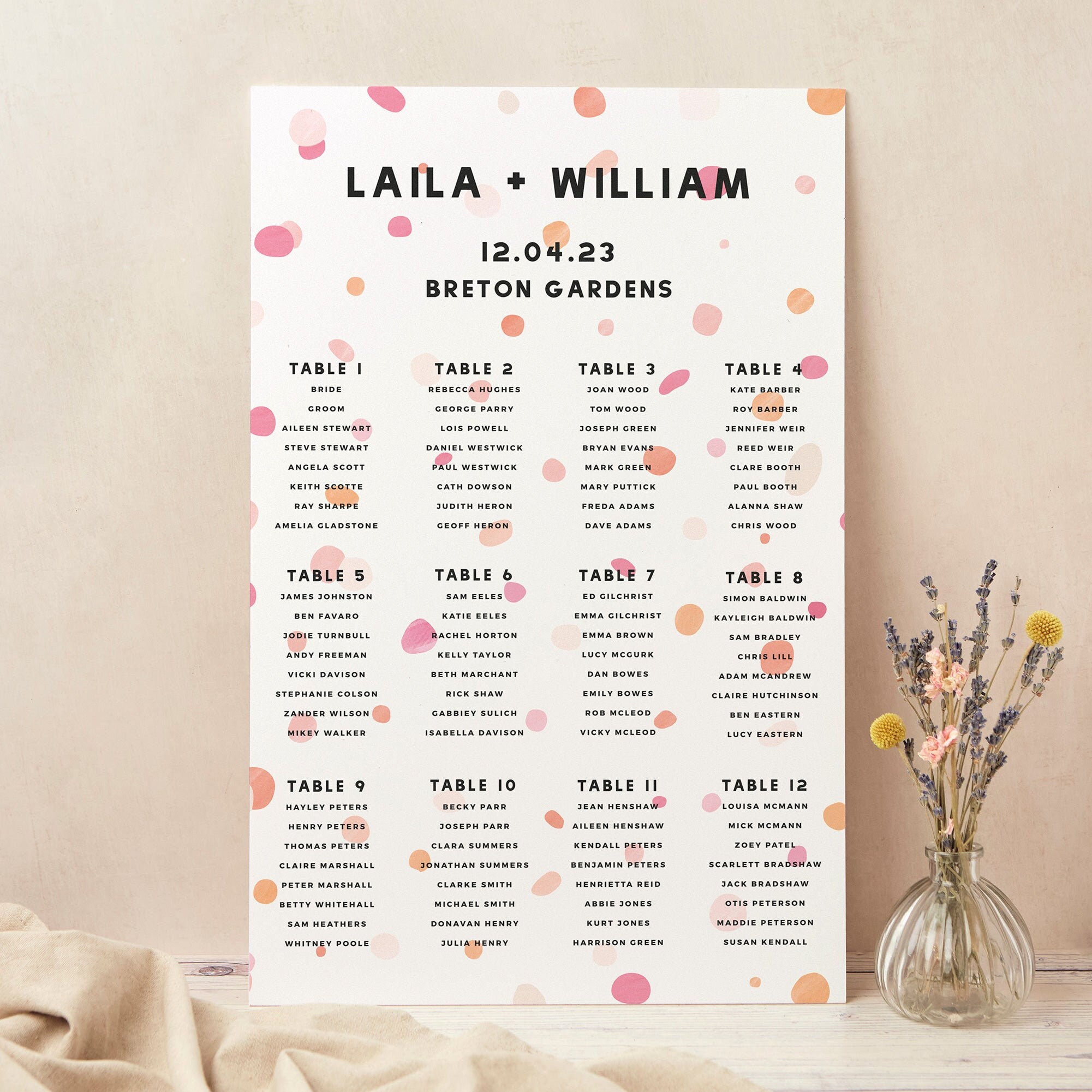 Wedding Table Plan, Seating Chart, Bright Pink Confetti