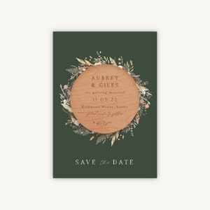 Hochzeit Save the Date Magnet - Holzgravur Save the Dates - Rustikale Hochzeit - Trockenblumenkranz