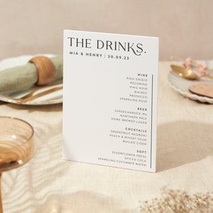 Letrero de menú de bebidas / Letrero de boda / Letrero de espuma resistente tamaño A4 / Diseño minimalista