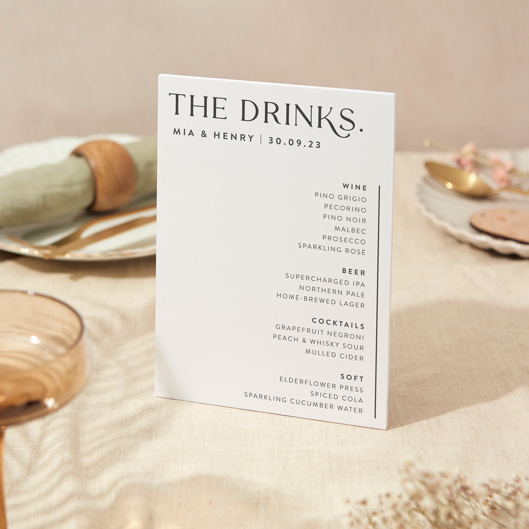 Drinks Menu Sign | Wedding A4 Sturdy Foamex Minimal Layout