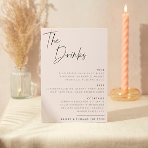 Getränke Menü Schild | Hochzeit Zeichen | A4 Robustes Foamex Schild | Moderne Minimal Schrift