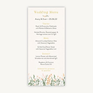 Menú de boda personalizado - Menús de desayuno de boda - Diseño de menú de boda - Summer Meadow