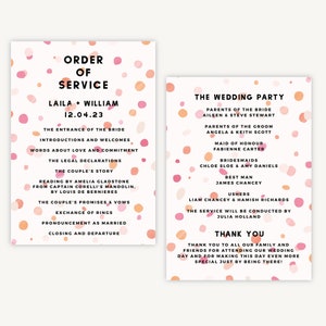 Wedding Order of Service - Wedding Ceremony Order of the Day Wedding Program Order of Service Sheet Wedding Stationery Bright Pink Confetti
