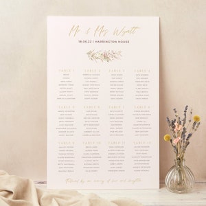 Plano de mesa de casamento, mapa de assentos, arco de flores secas
