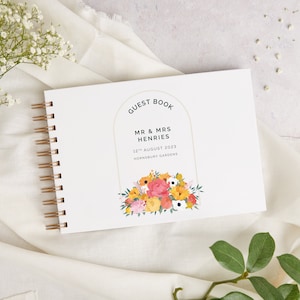 Bright Flowers Wedding Guest Book - Personalised Guest Book - Custom Wedding Guestbook - Wire Spiral Bound Landscape Wedding Book