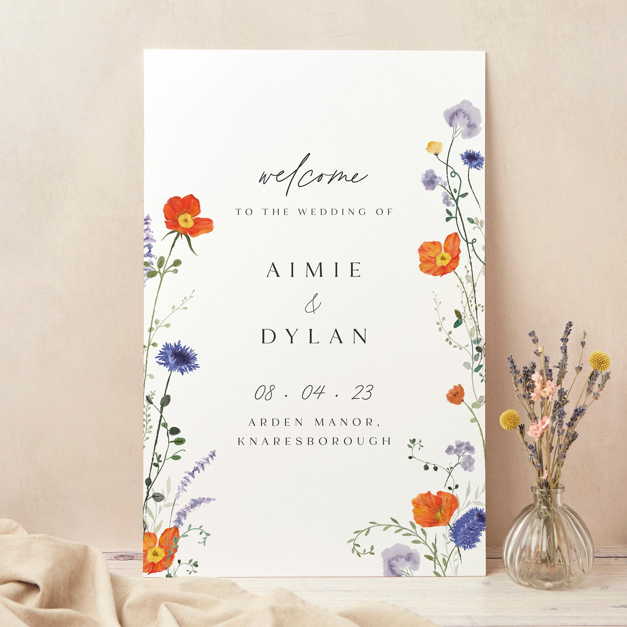 Wedding Welcome Sign, Custom Large Board, Printed, Pressed Wildflowers