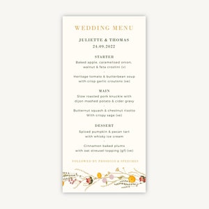Menu de mariage personnalisé - menus de petit déjeuner de mariage - conception de menu de mariage - fleurs sauvages rustiques