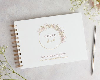 Libro de visitas de boda con aro de flores secas