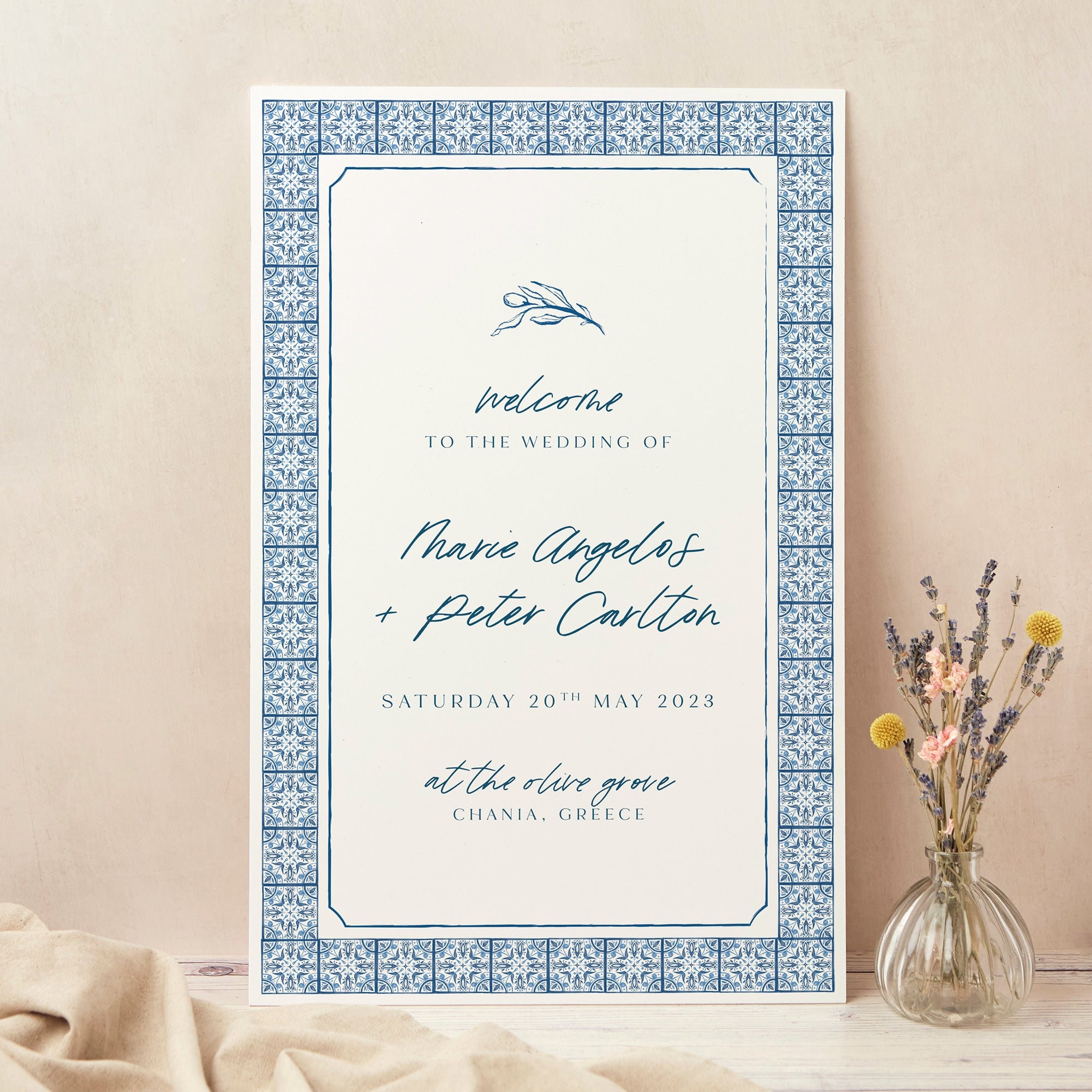 Wedding Welcome Sign, Custom Large Board, Printed, Blue Tile Mediterranean