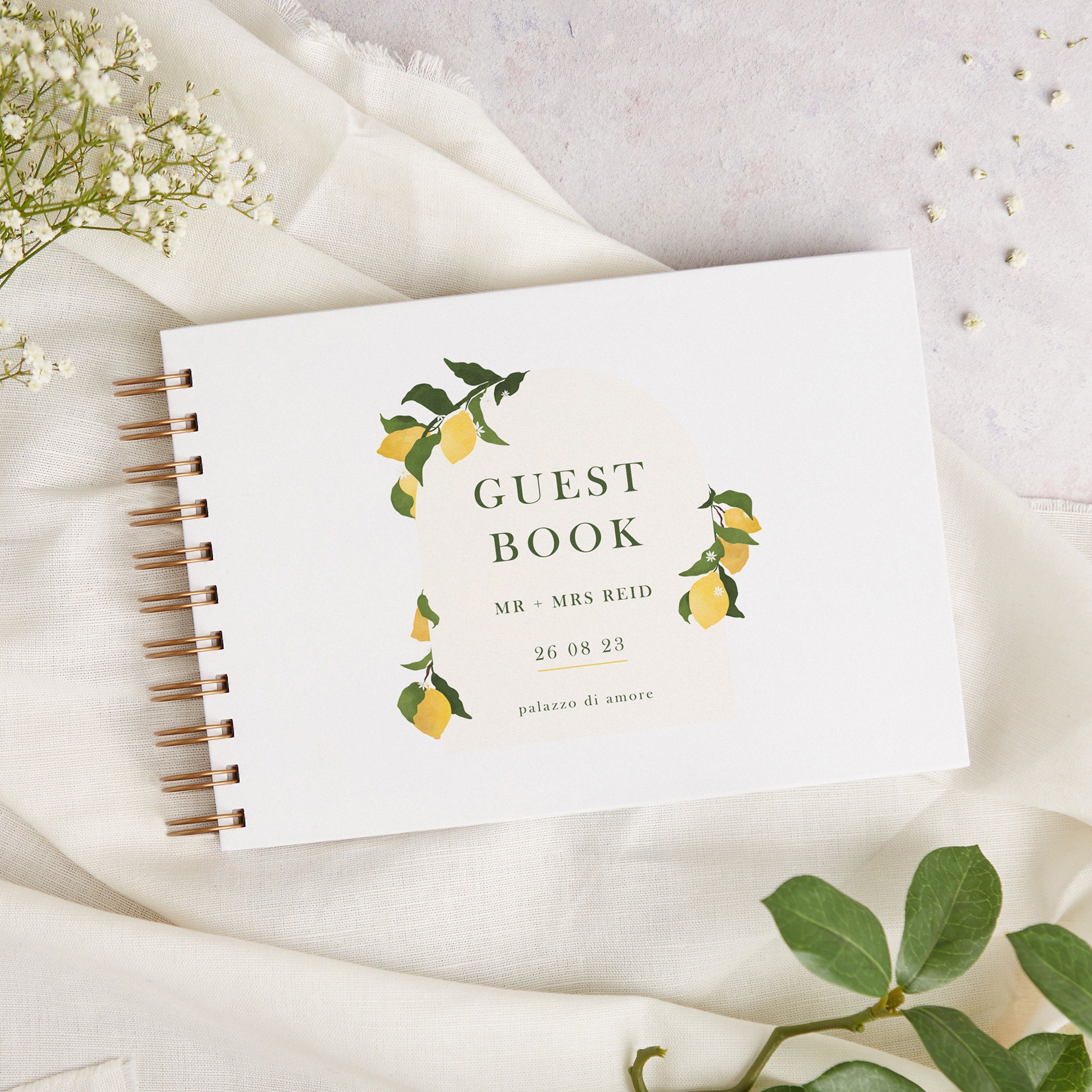Amalfi Lemons Wedding Guest Book - Personalised Guest Book - Custom Wedding Guestbook - Wire Spiral Bound Landscape Wedding Book