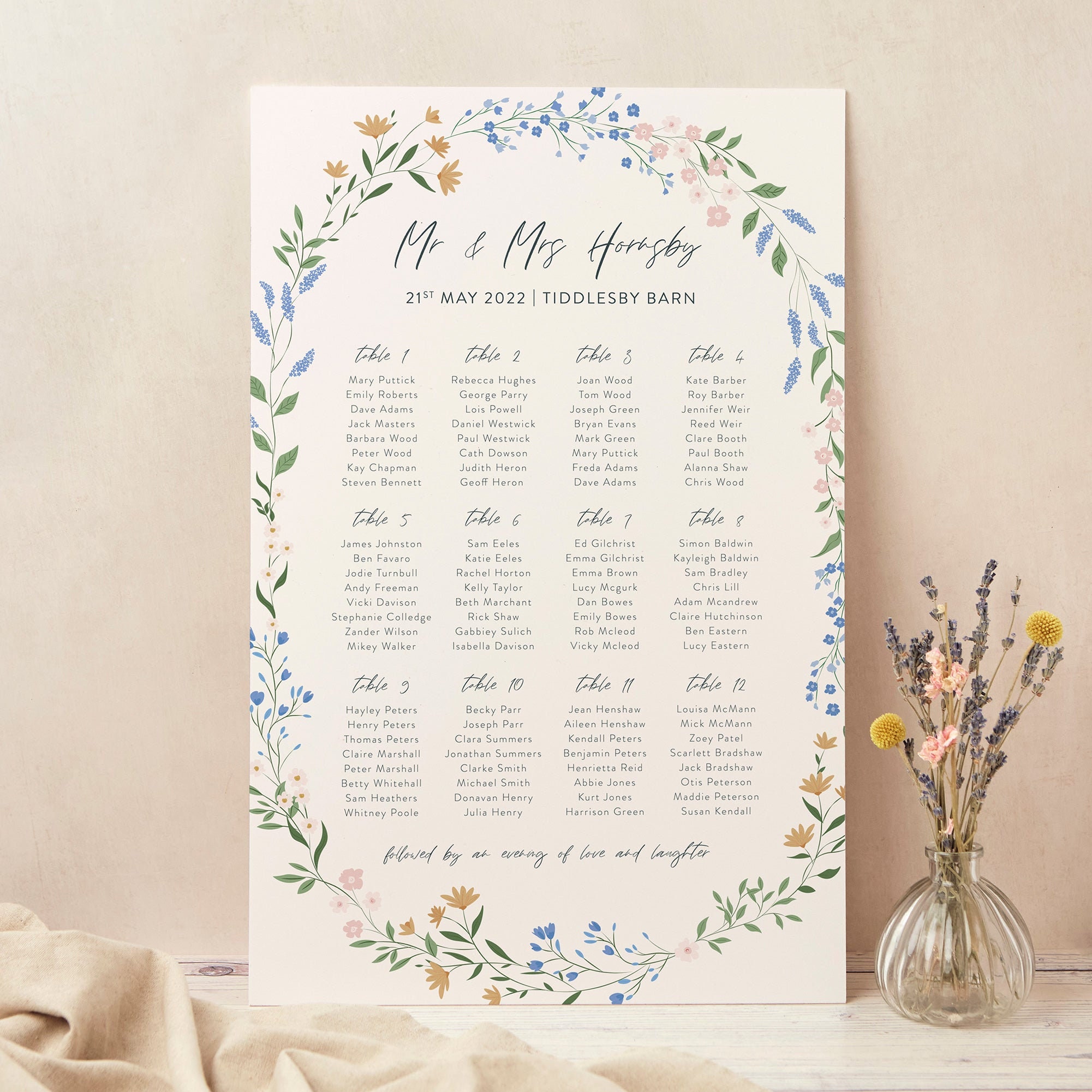 Wedding Table Plan, Seating Chart, Wildflower Wreath