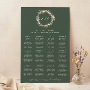 Plano de mesa de casamento, mapa de assentos, coroa de flores secas