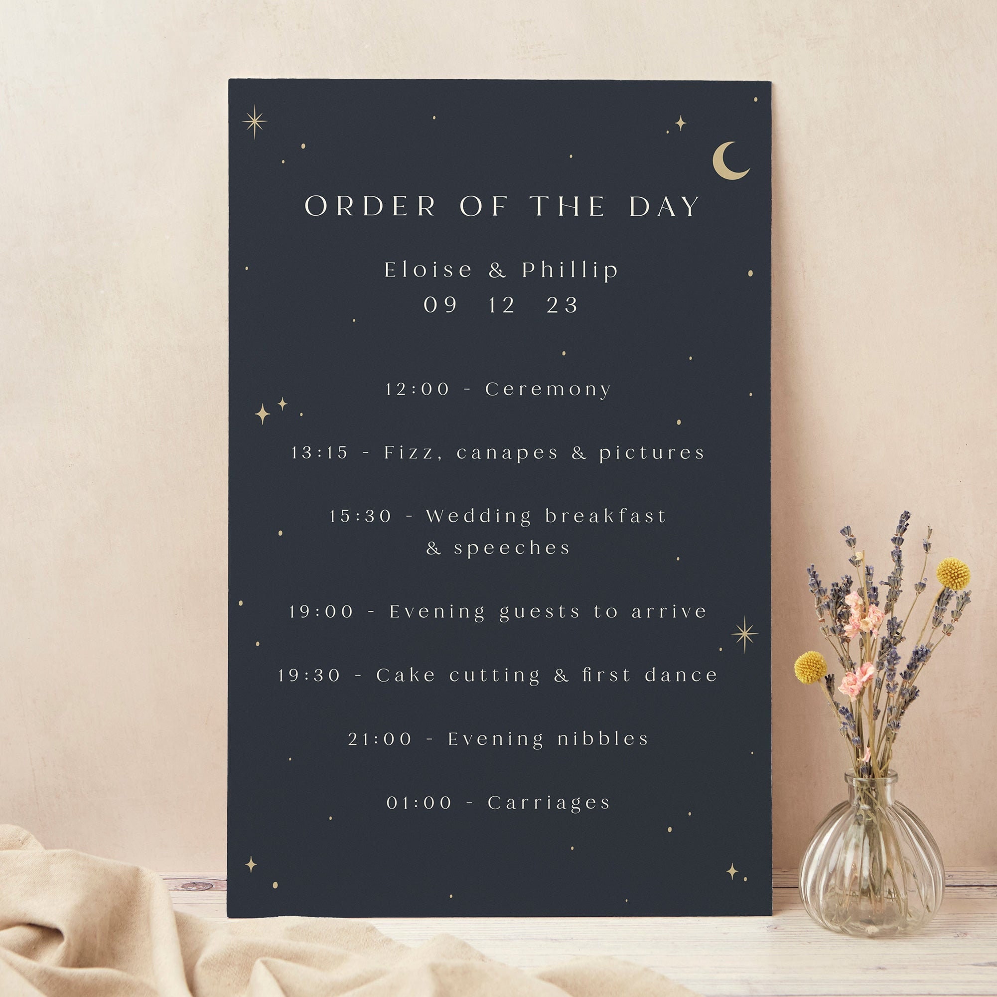 Celestial Night Sky Wedding Order Of The Day Sign