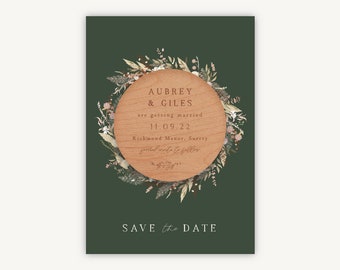 Save the Date, Magnet Save the Date, Dried Flower Wreath, Autumn Winter Wedding, Green