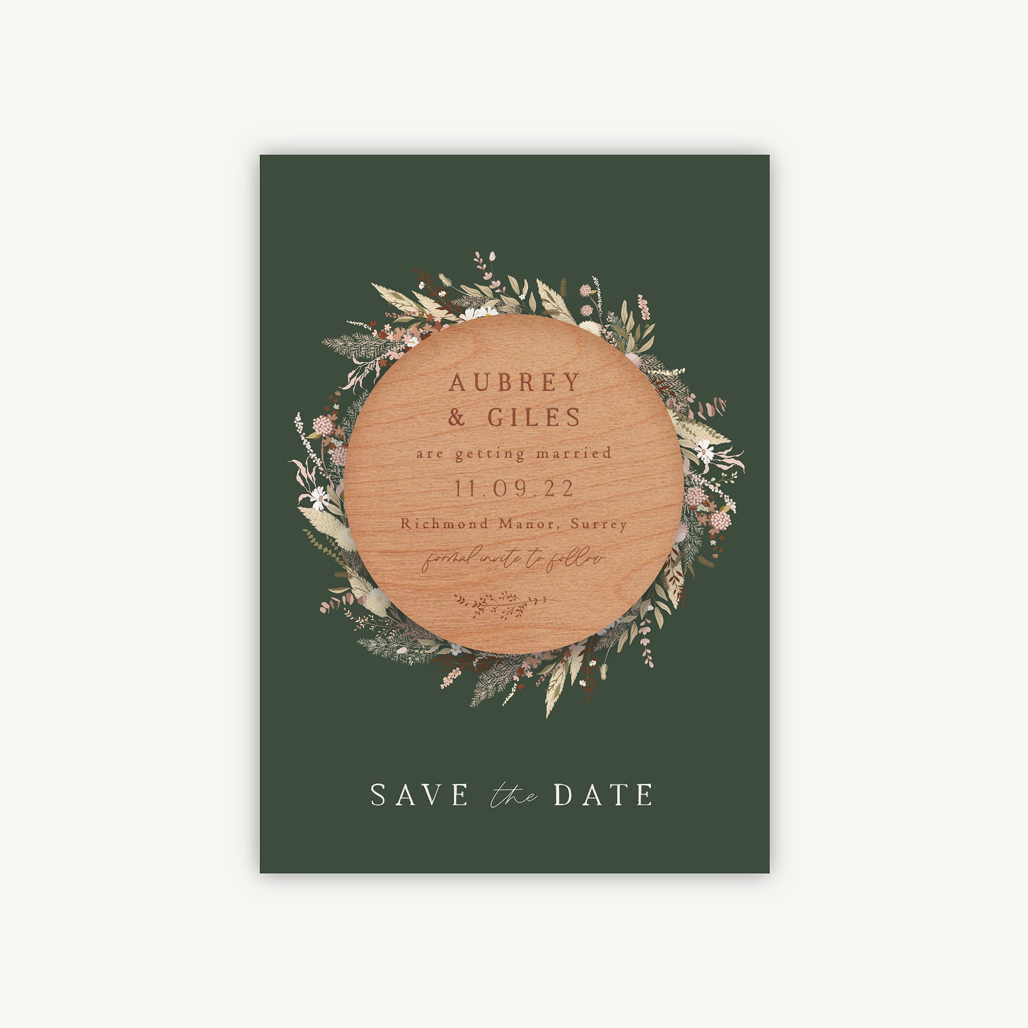 Save The Date, Magnet Dried Flower Wreath, Autumn Winter Wedding, Green