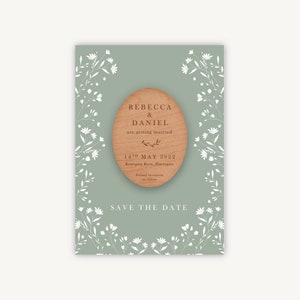 Wedding Save the Date Magnet - Wooden Engraved Save the Dates - Modern Wedding - Sage Wildflower