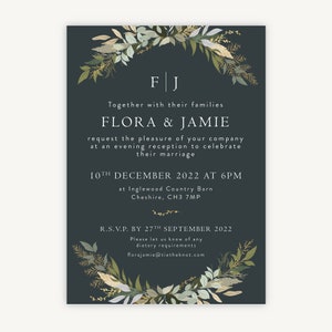 Custom Evening Wedding Invitations - Wedding Reception Invites - Winter Botanical Wedding Invitation