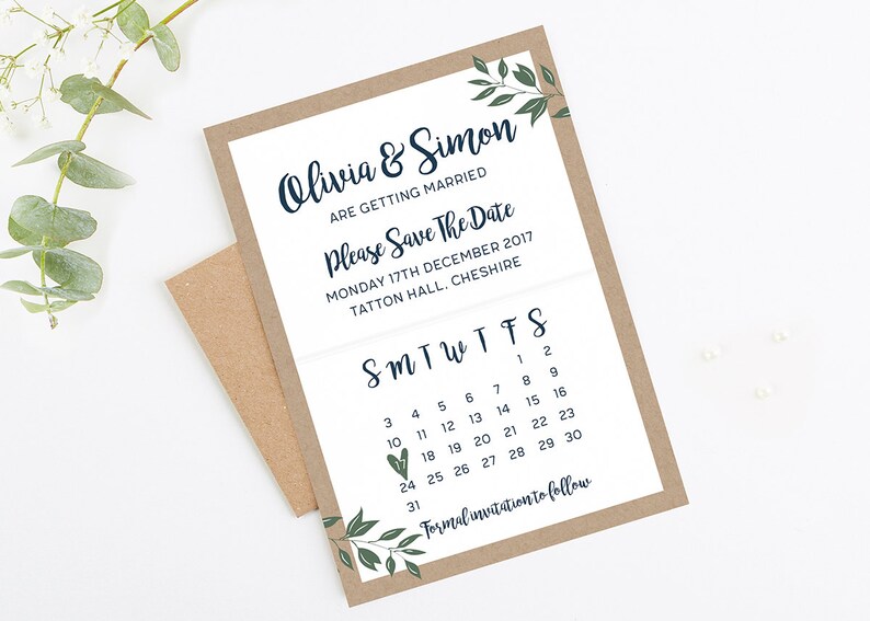 Save the Date Cards Botanical Rustic Kraft Folded Save the Date with Gems Save the Date