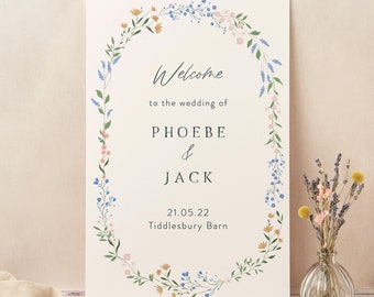 Wedding Welcome Sign, Custom Wedding Sign, Large Wedding Board, Printed, Wildflower Wreath
