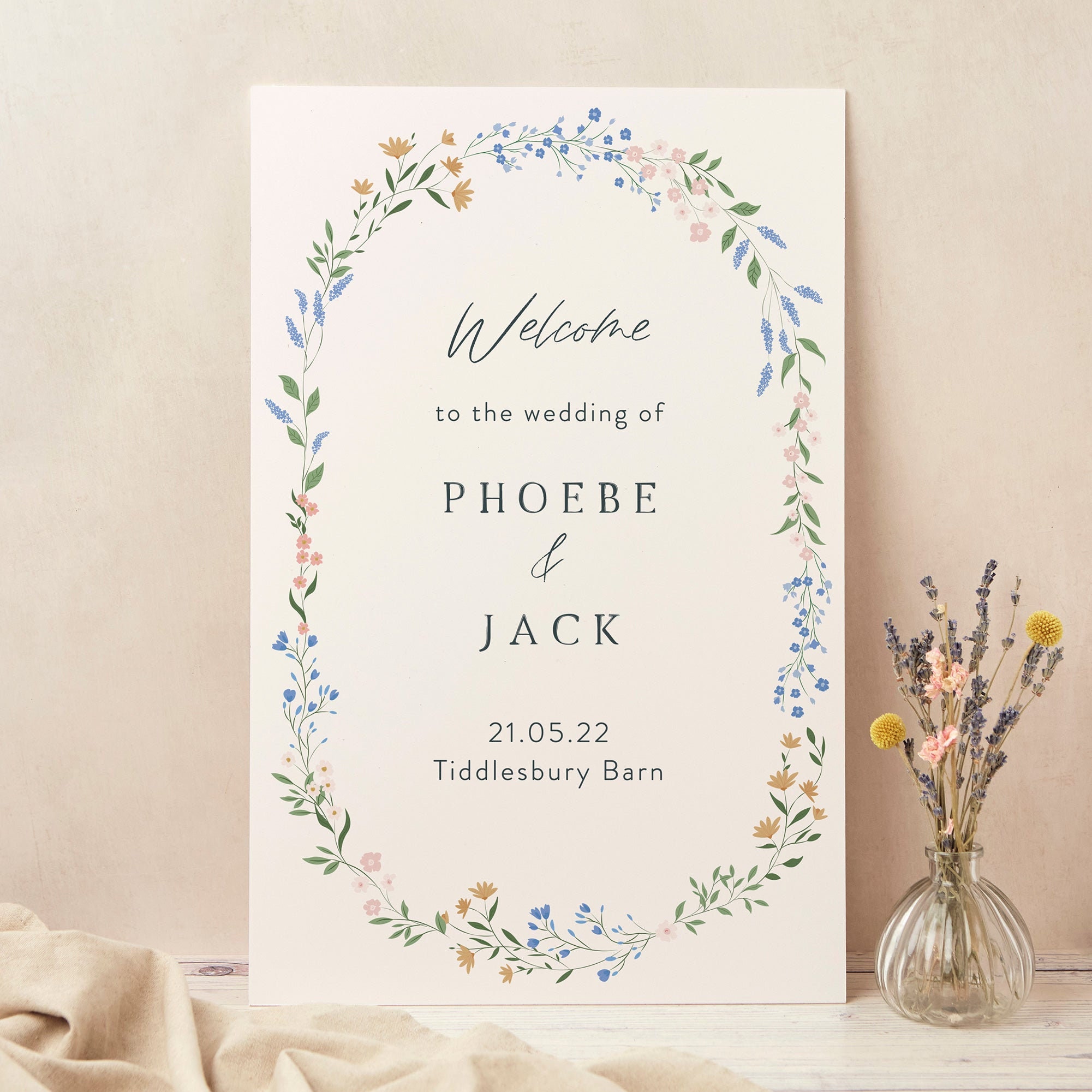Wedding Welcome Sign, Custom Large Board, Printed, Wildflower Wreath