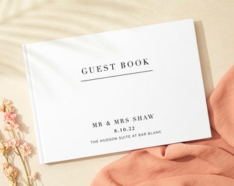 White Modern Script Linen Guest Book