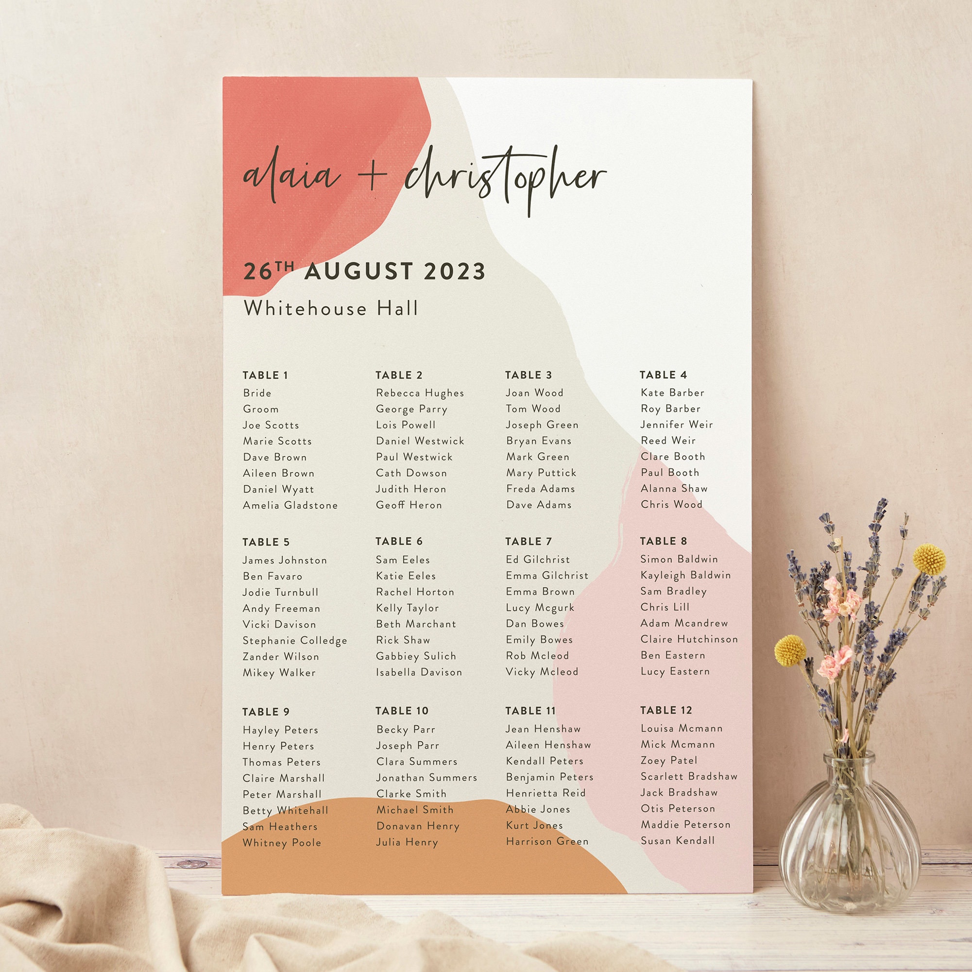 Wedding Table Plan, Seating Chart, Painterly Colour Pop