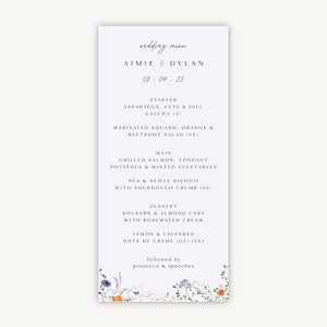 Menu de mariage personnalisé - menus de petit déjeuner de mariage - conception de menu de mariage - fleurs sauvages pressées