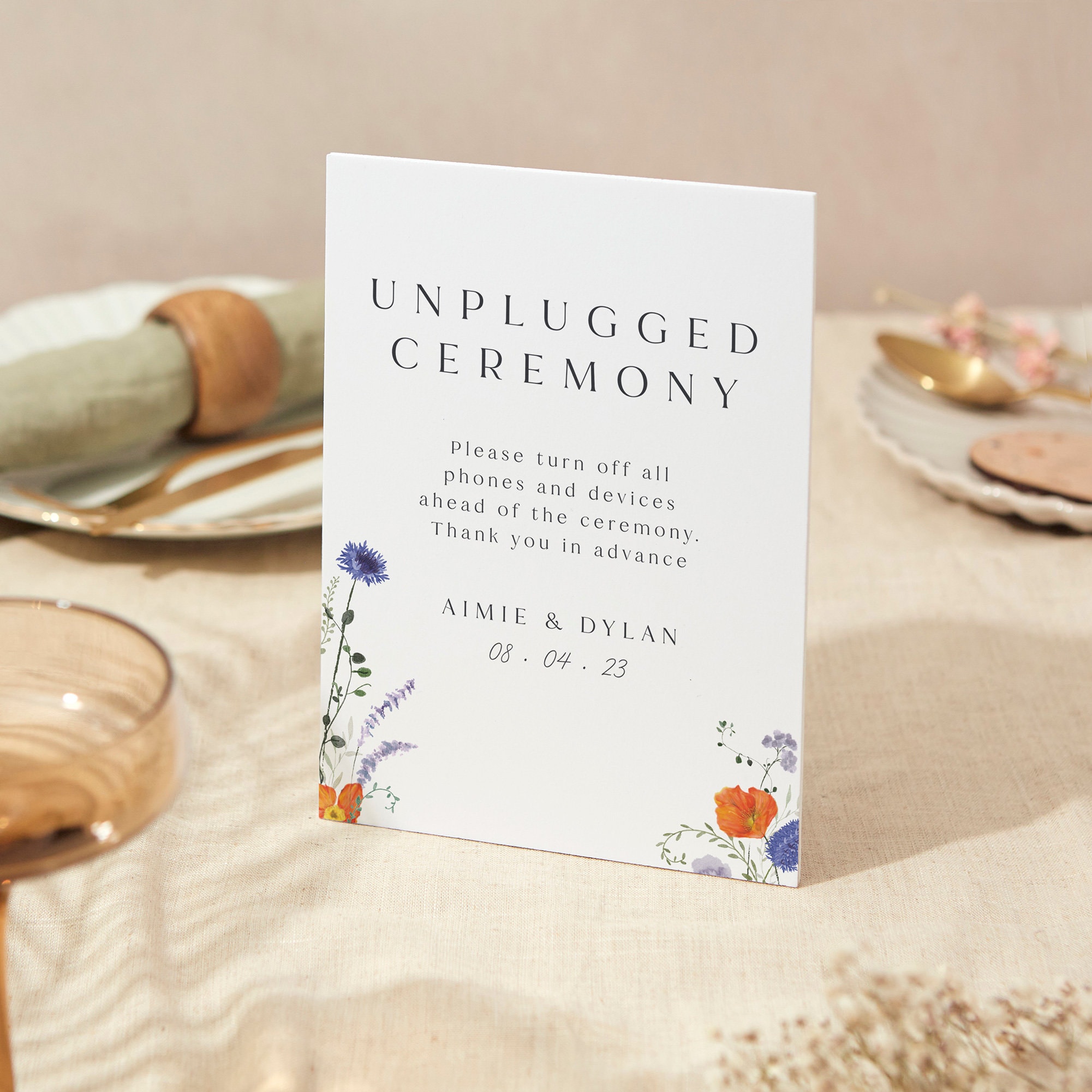 Unplugged Ceremony Sign | Wedding A4 Sturdy Foamex Pressed Wildflowers