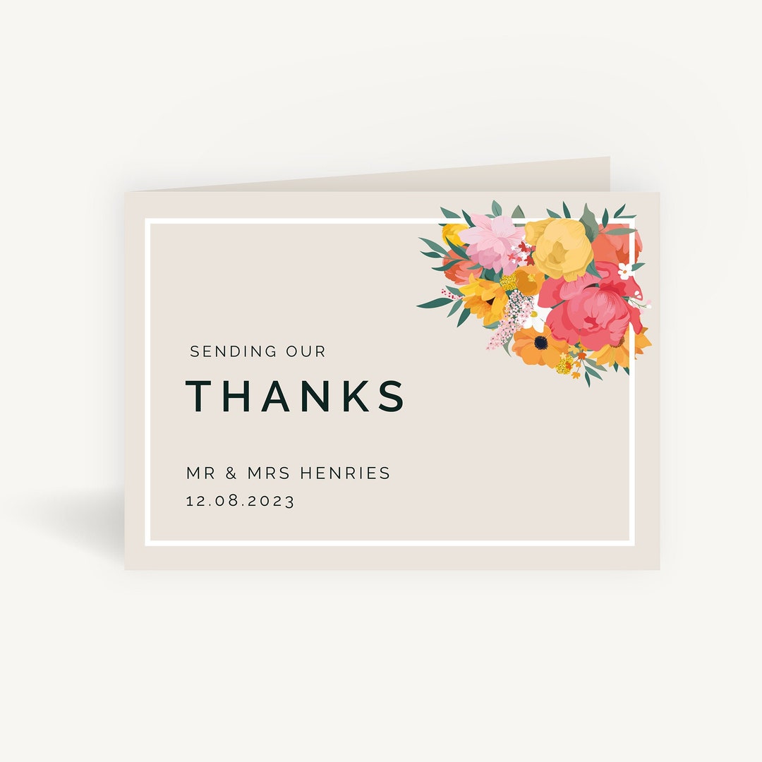 Bright Floral Wedding Thank You Cards - Personalised Folded Card - Etsy
