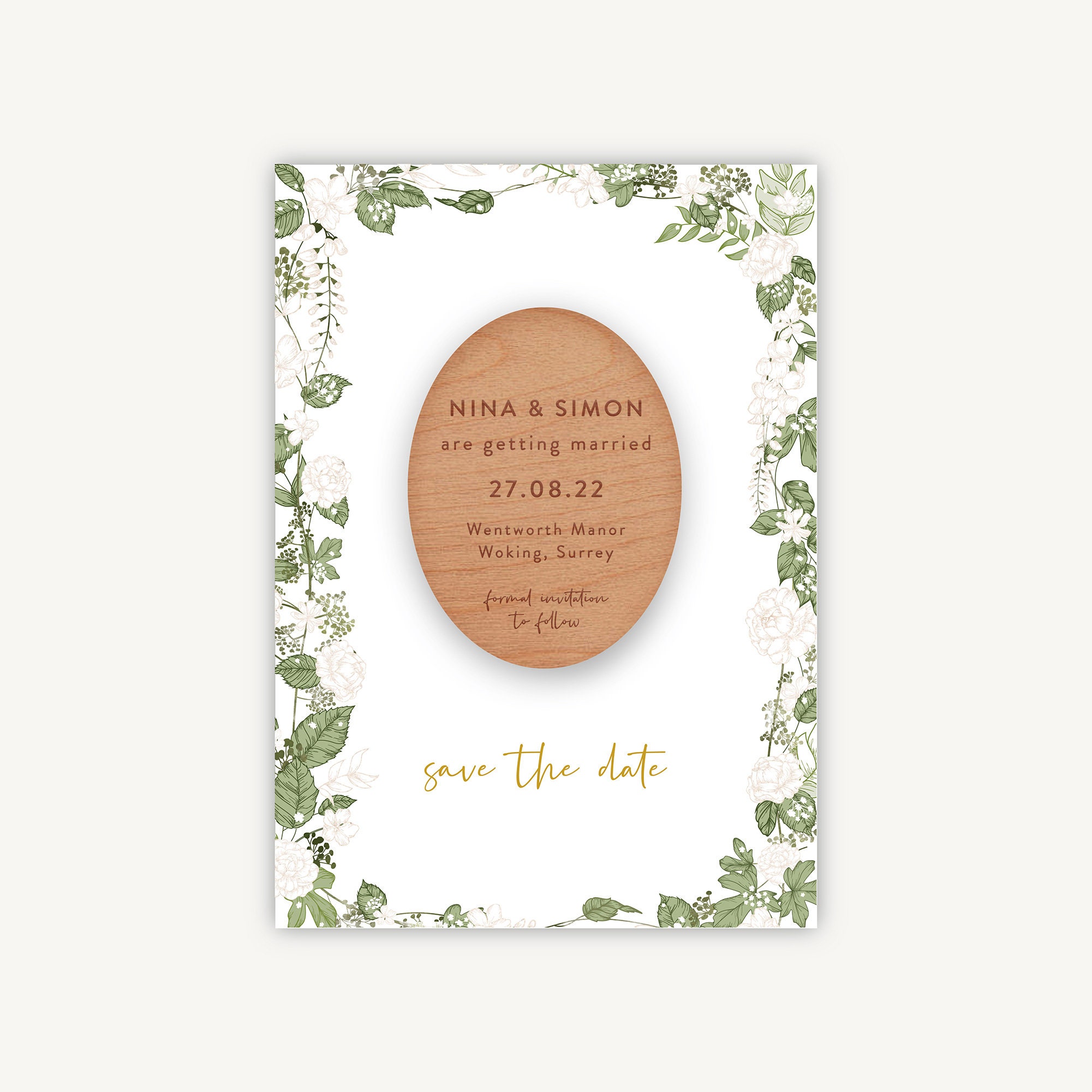 Save The Date, Magnet White Floral, Green Spring Summer Wedding