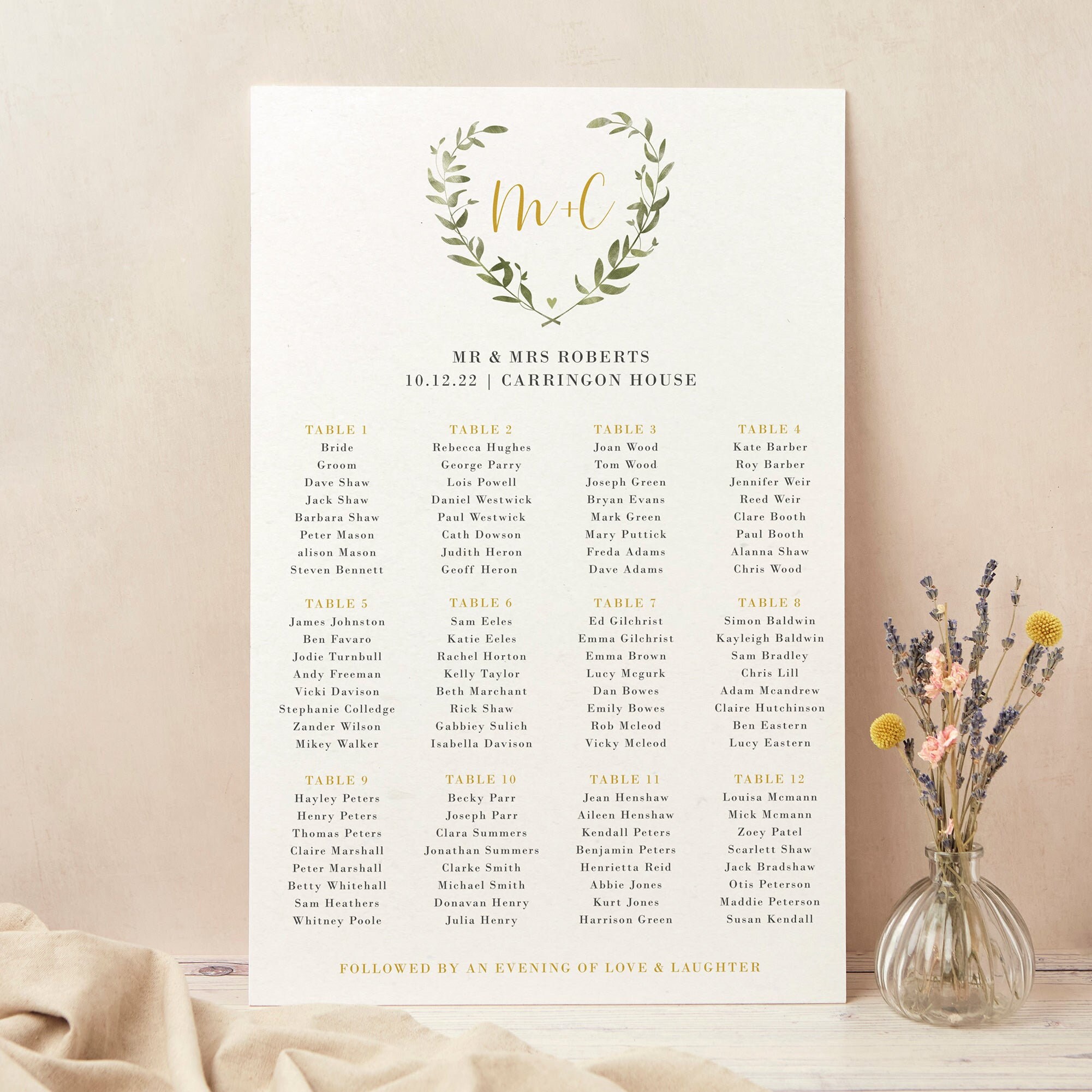 Wedding Table Plan, Seating Chart, Greenery Botanical