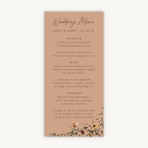 Menu de mariage personnalisé - menus de petit déjeuner de mariage - conception de menu de mariage - fleurs sauvages d'automne