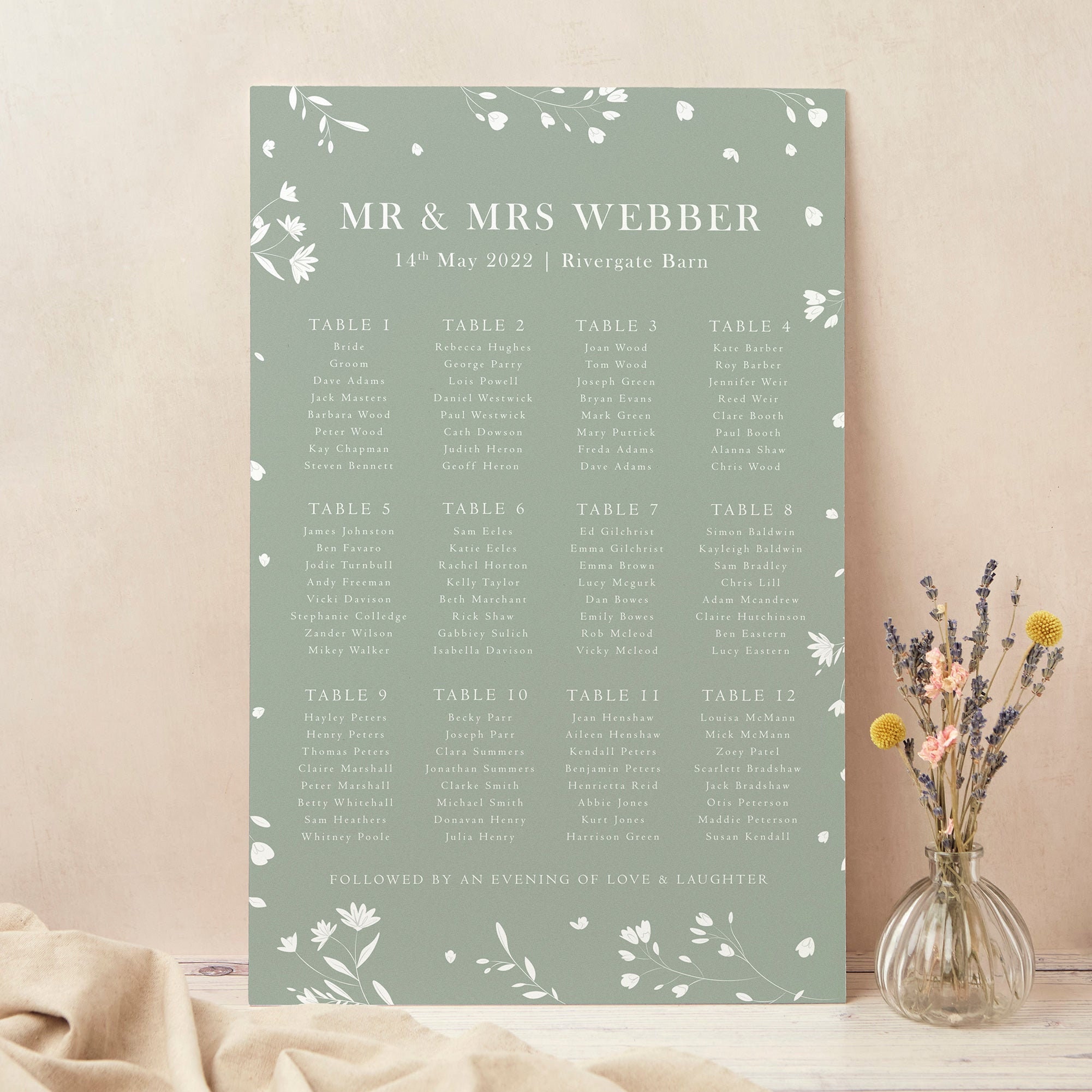 Wedding Table Plan, Seating Chart, Sage Wildflower